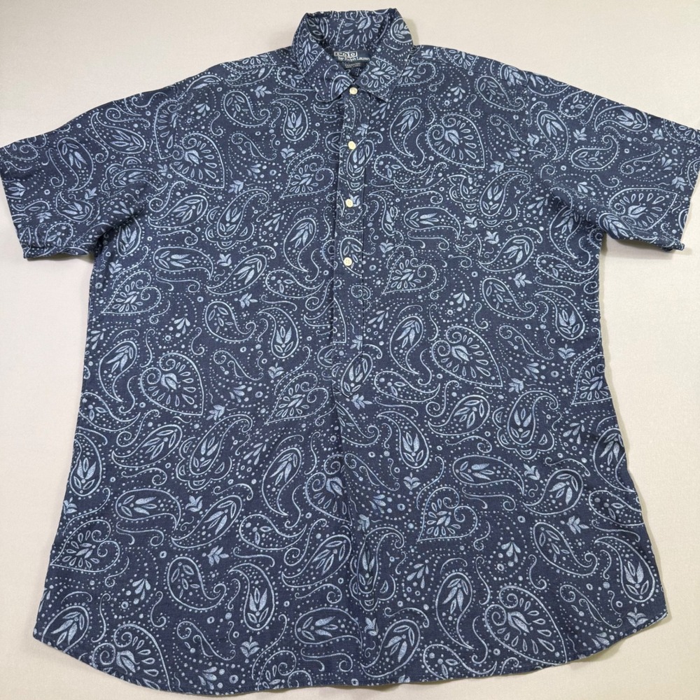 VTG Polo Ralph Lauren Shirt Men Large Navy Blue 100% Linen Paisley AOP Cambridge